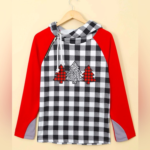 Christmas Tree Plaid Pattern Asymmetrical Side Zip Hoodie - Picture 1 of 8